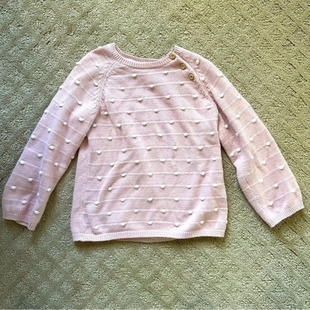 NFS.  H&M pink sweater with white polka dots and buttons at neck, size 2T, GUC